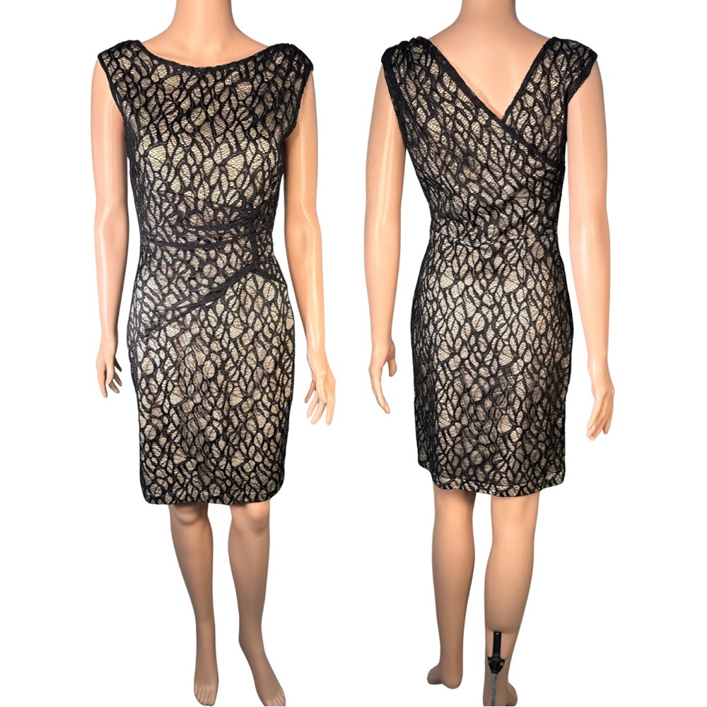 Reiss “Alma” Black Lace Cocktail Dress with Cream Underlay Size 6